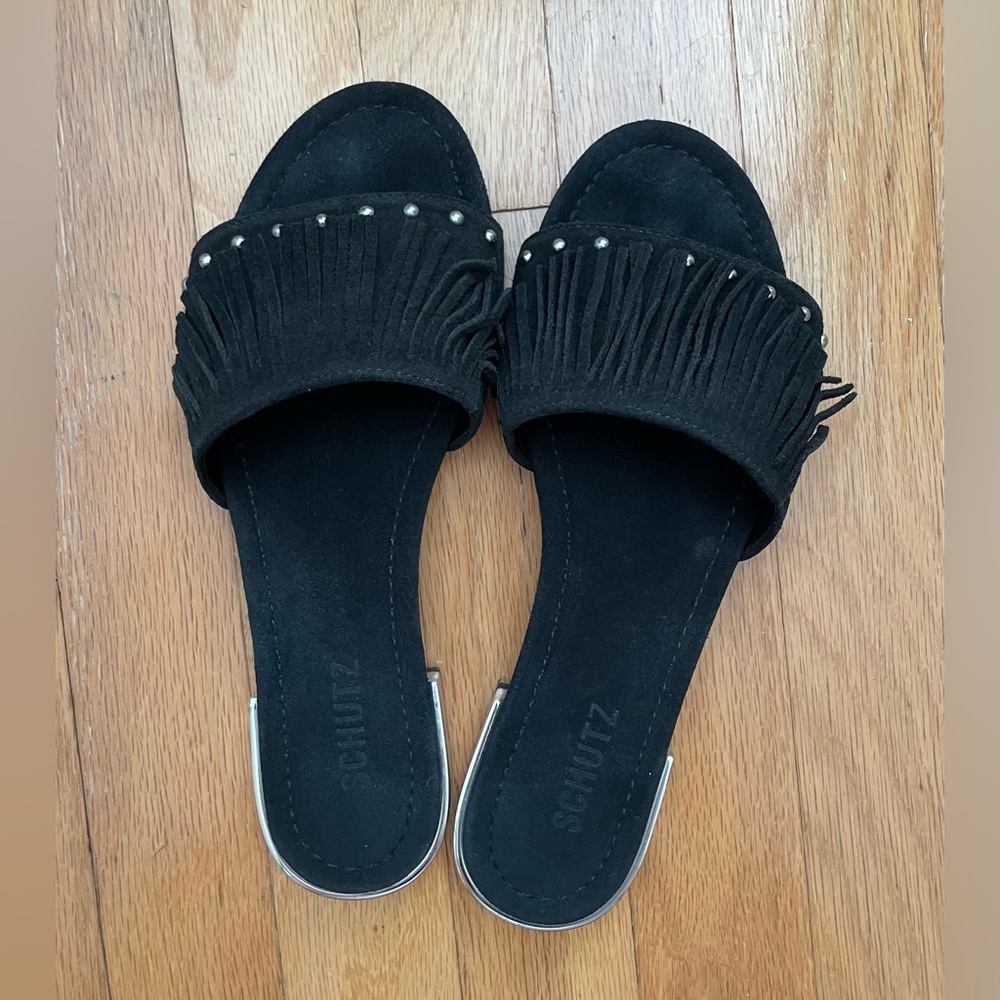 SCHUTZ Zilu black fringe slide sandal